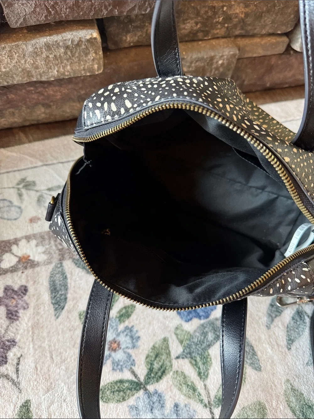 Fossil Black Satchel with Cream Speckle Print